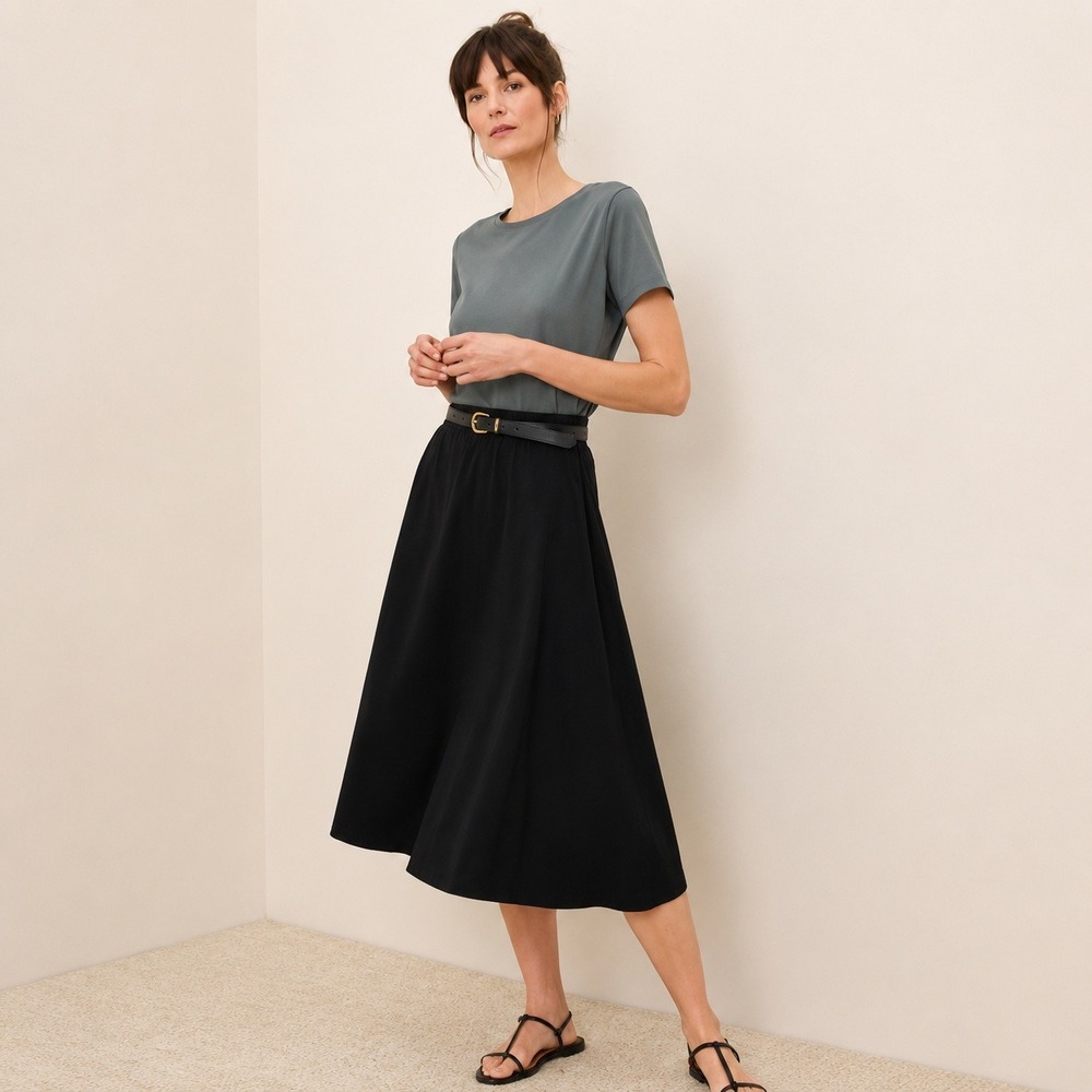 Pact Black Organic Cotton Midi Skirt A-Line Elastic Waist Pockets Small